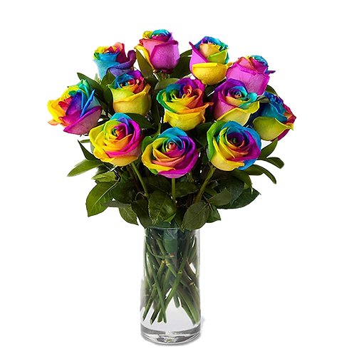 1-800-Flowers Flower Delivery Rainbow Roses 12 Stems W/ Purple Vase